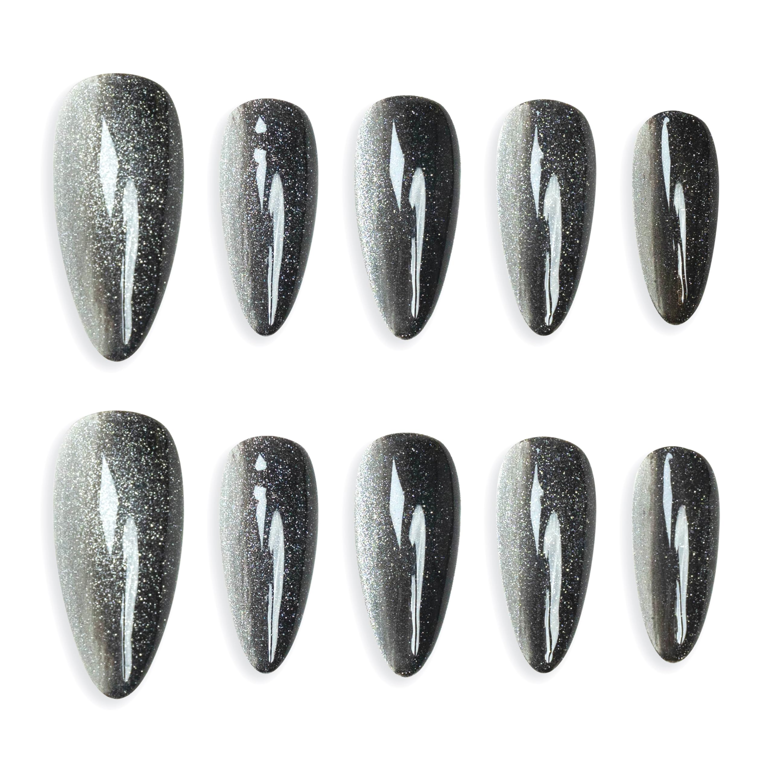 Sun&Beam Nails Handmade Press-on Medium Long Almond Black Silver Cat Eye Design Charming False Nail Tips 10 Pcs (#125 S)