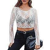 Avidlove Mesh Top Women Long Sleeve Crew Neck Sheer Blouse See Through Floral Lace Tops