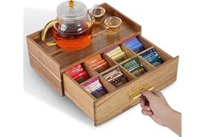 TEA BUNCH Wood Tea Bag Organizer, Acacia Tea Organizers and Storage, Grid Tea Box Organizer Storage Box, Teabag Holder Organizers Drawer, Wooden Teabag Dispenser Teapot on Top for Gift Giving Festival Elder