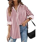 HOTOUCH Women Button Down Striped Shirts Drop Shoulder Blouse Long Sleeve Oversized Shirt with Pocket