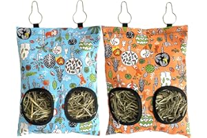 RMNHPTK Rabbit Hay Feeder Bag, Guinea Pig Hay Feeder for Cage Small Animal Hanging Feeding Bags Rabbit Hay Dispenser Storage for Rabbits Guinea Pigs Bunnies Chinchillas (Orange,Light Blue, 2 Hole)