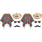Mepase 8 Pcs Mexican Costume Set Include Mexican Serape Poncho Sombrero Sunglasses Mustache