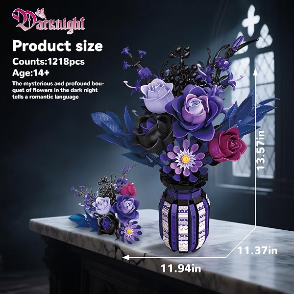 ZONECYTD FLOWERS BOUQUET BUILDING SET ROSES PURPLE BOTANICAL COLLECTION GOTHIC GIFTS FOR MOTHERS DAY FOR WOMEN ADULTS GIRLS 14+ HOME OFFICE DECOR