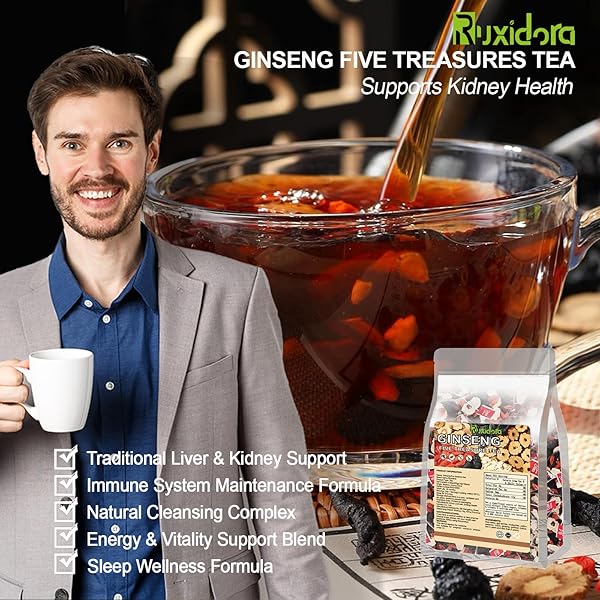 GINSENG FIVE TREASURES TEA KIDNEY TEA | 25 ORGANIC TEA BAGS,TRADITIONAL CHINESE HERBS BLEND | NATURAL WELLNESS SUPPORT WITH RED DATES & WOLFBERRY | CAFFEINE-FREE & ADDITIVE-FREE