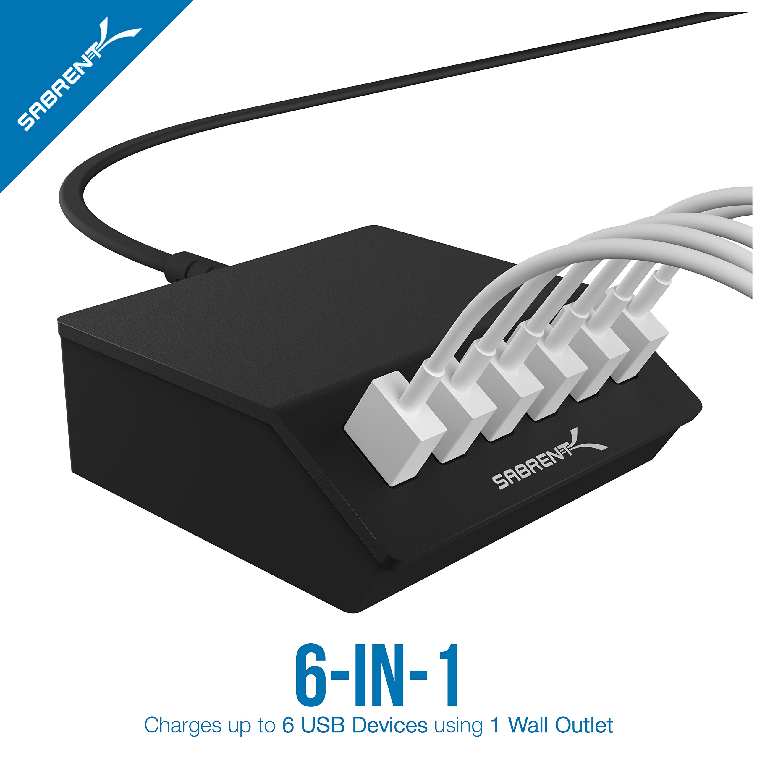 SABRENT Premium 60 Watt (12 Amp) 6 Port Aluminum Family Sized Desktop USB Rapid Charger.[UL Certified ] Smart USB Charger with Auto Detect Technology [Black] (AX-FLCH-B)