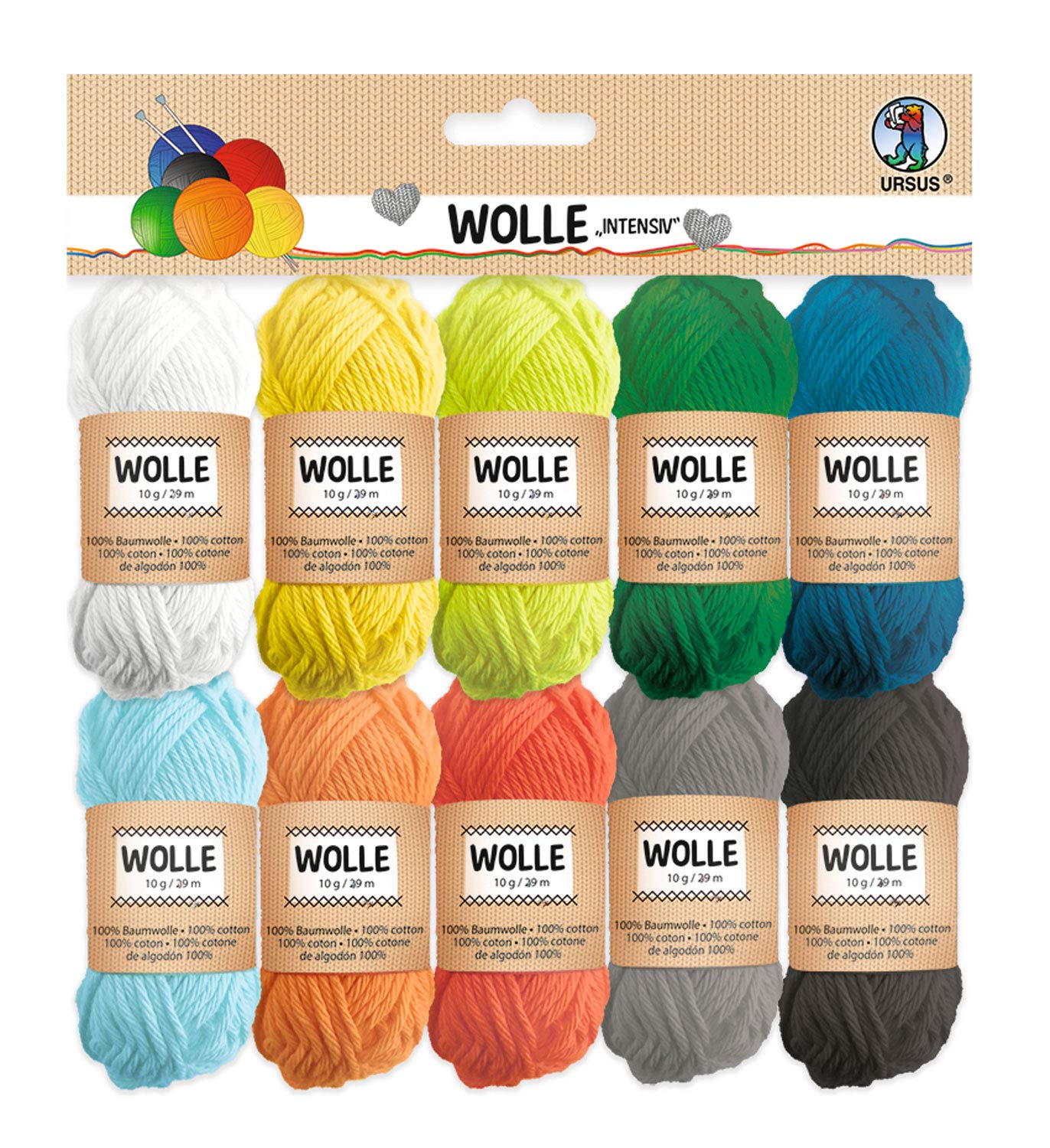 Ursus Intense Wool 100% Cotton-10 Balls of 10 g / 29 m-10 Colours-for Knitting and Crocheting and Small Craft Projects, Cotton, One Size