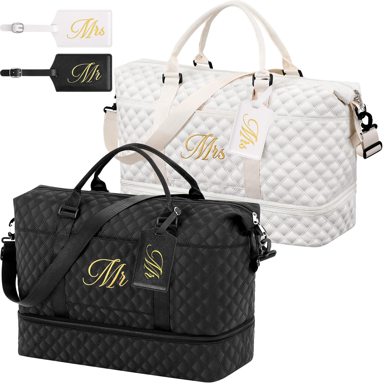 Photo 1 of ***The white bag is not here***Dansydaisy 4 Pcs Duffel Bag Set Include 2 Honeymoon Travel Bags with Shoe Compartment and 2 Luggage Tags(Mr and Mrs,Black,White)