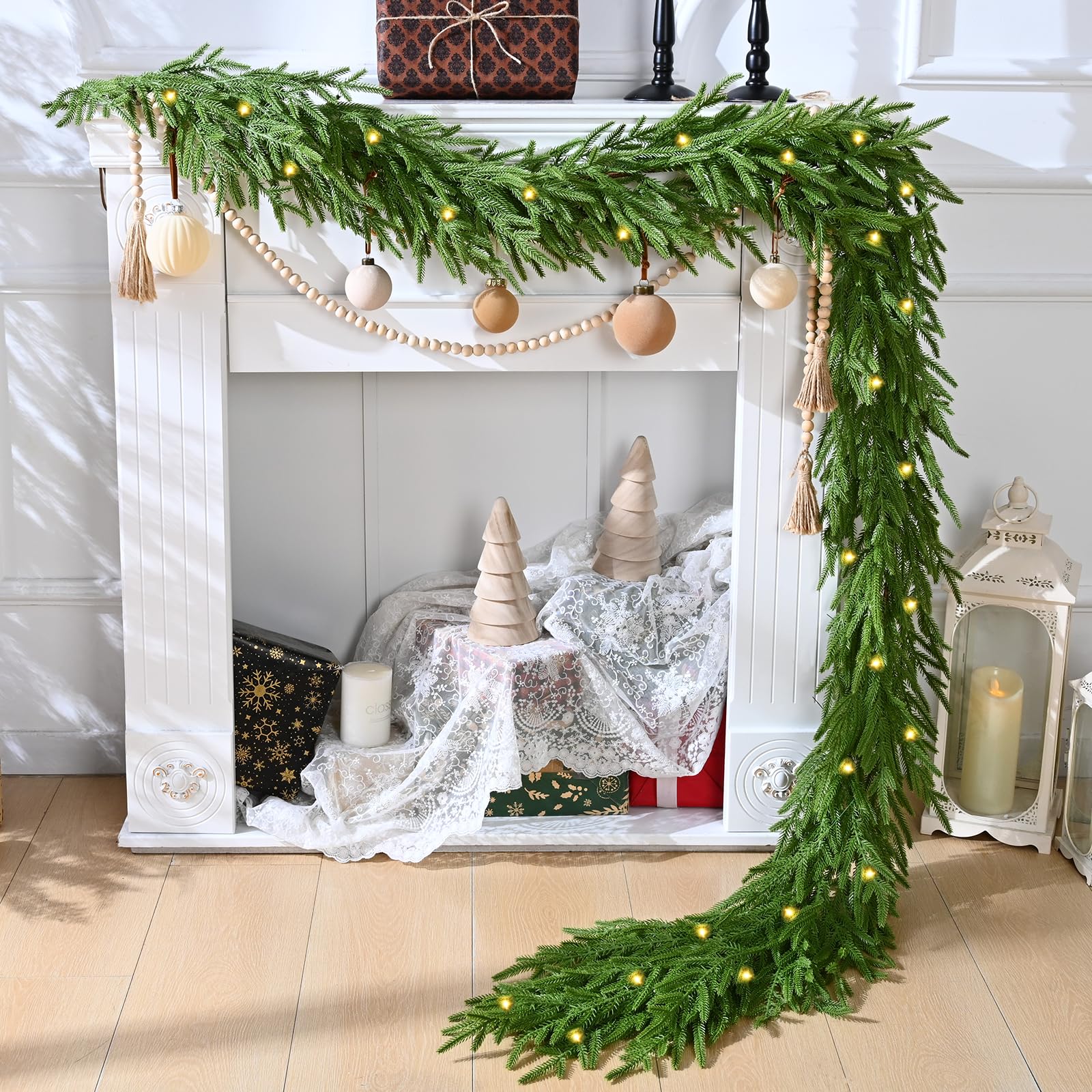 Photo 1 of Waipfaru 9ft Artificial Norfolk Pine Garland, Realistic Christmas Garland with Lights Faux Winter Pine Greenery for Mantle,Table, Wall,Indoor,Outdoor Winter Christmas Decorations