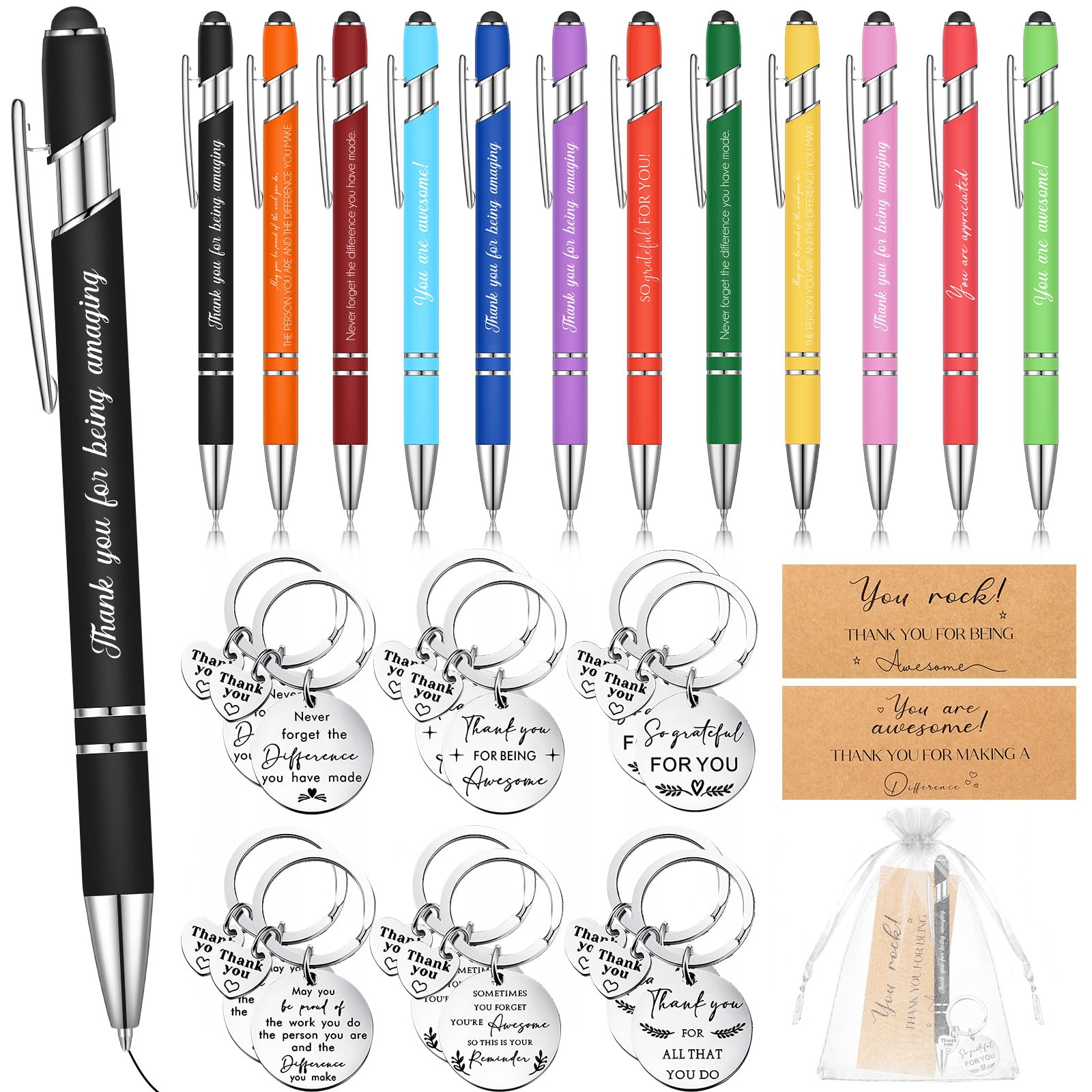 Tenare 12 Sets Thank You Gifts Bulk Teacher Students Thank You Graduation Motivational Ballpoint Pens Kraft Card Inspirational Keychains with Organza for Team Colleague Staff