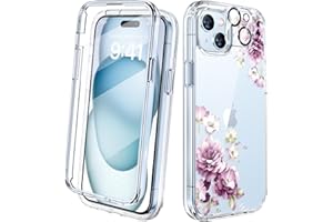 Diaclara Designed for iPhone 15 Plus Case 6.7 Inch,Full Body Rugged Case with Built-in Touch Sensitive Anti-Scratch Screen Protector+9H Tempered Glass Camera Lens Protector (Clear Flower)