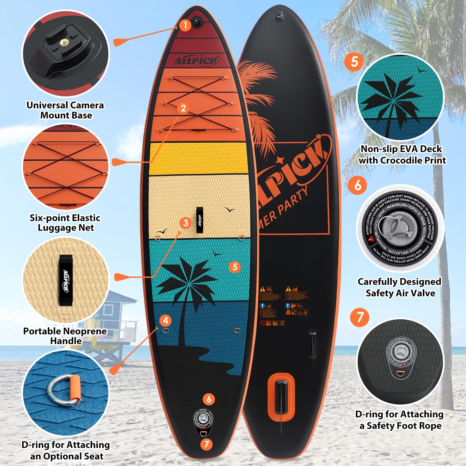 ALLPICK Premium SUP Board Set, Stand Up Paddling Board Aufblasbar, Mit Universal Kamerahalterung, Komplettes Zubehör, Verstellbares Paddel, Anfänger und Fortgeschrittene, 150kg/180kg, OrangeAbendröte 4