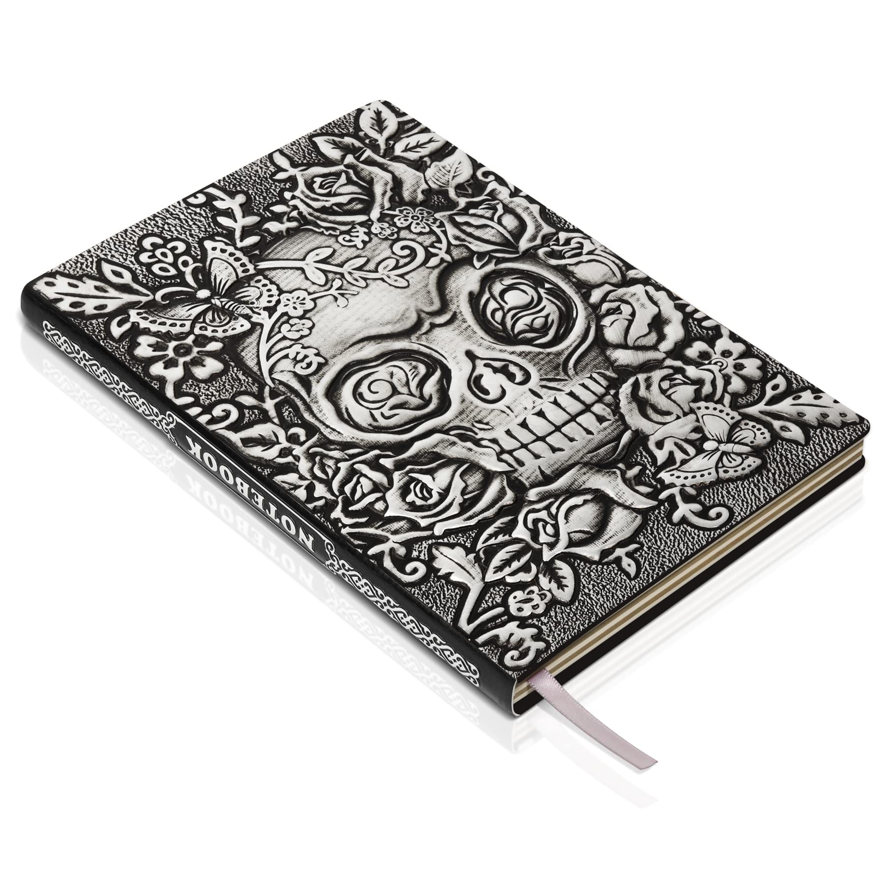 HomWanna Skull Embossed Leather Journal Notebook - 3D Handmade Vintage Notebooks Travel Diary with Lined Paper Antique Leather Sketchbook Writing Journals for Women & Men (A5, Silver)
