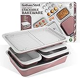 Gotham Steel 6 Pc Stackable Baking Pans Set, 70% Space Saving Design, Ceramic Bakeware Sets Non Toxic Made Without PFOA PFOS, with Baking Sheet Tray, Cake & Muffin Pans, Oven & Dishwasher Safe