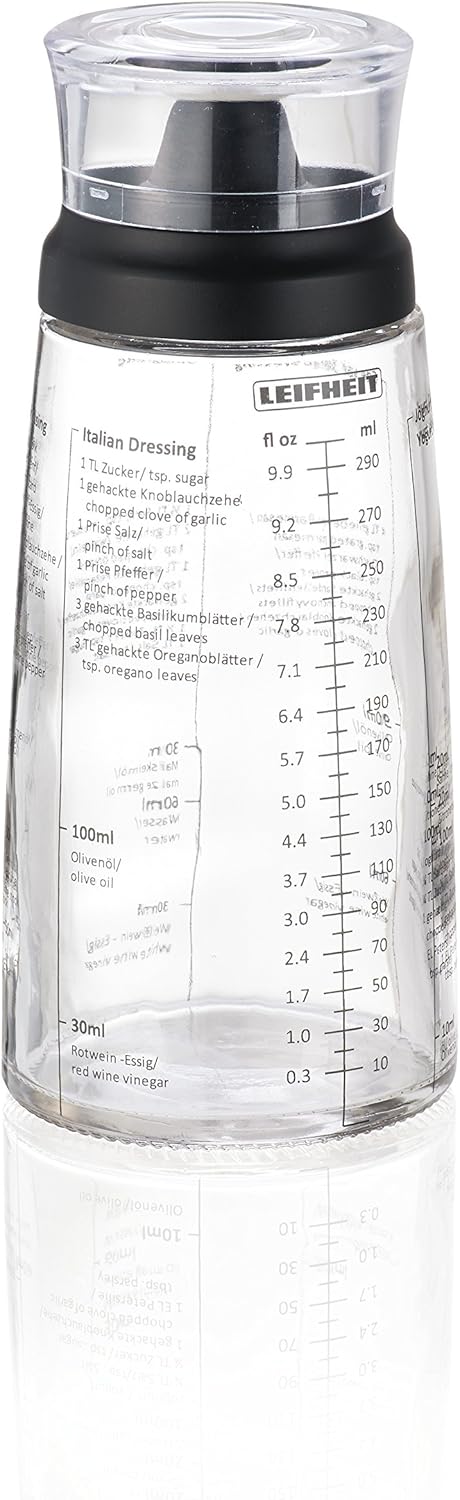 Leifheit Dressing Shaker, hochwertige Glasflasche mit verschiedenen Rezepten für Salatdressings, Messbecher mit tropffreien Ausguss, spülmaschinengeeigneter Dressingbehälter