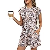 LOMON Two Piece Shorts Sets for Women Vacation Trendy Lounge Sets Crew Neck Matching Sets Cap Sleeve Airport Suits