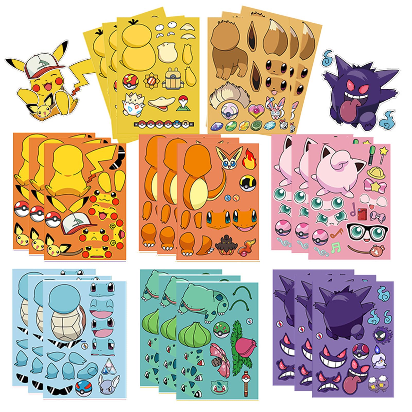 24Sheets Make-a-face Cartoon Pet Sticker,Make Your Own Mixed & Matched with 8 Designed Characters Monster Sticker for Birthday Party Supplies Favors(P24)