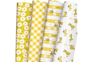 SaringSwoon Yellow Wrapping Paper for Easter, Spring, Birthday, Baby Shower - Gift Wrap With Flower, Bee, Cute Duck, Plaid and Love Letter - 20×29 Inches, 8 Folded Sheets