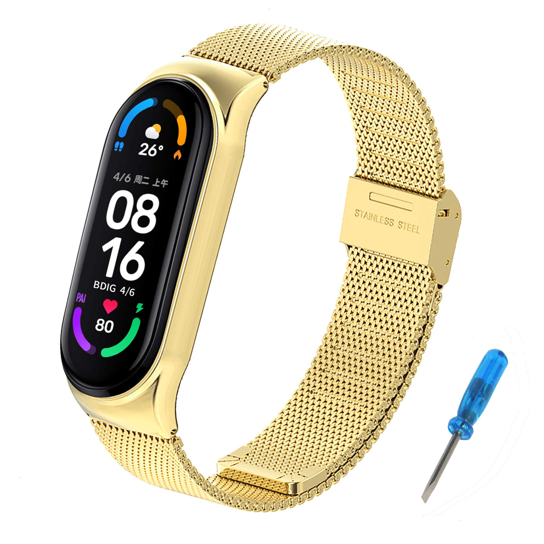 BDIG Compatible with Xiaomi Mi Band 5 Bracelet, Metal MiBand 4/3 Strap Waterproof Stainless Steel Wrist Strap Accessory Watch Strap for Xiaomi Mi Smart Band 5, Gold