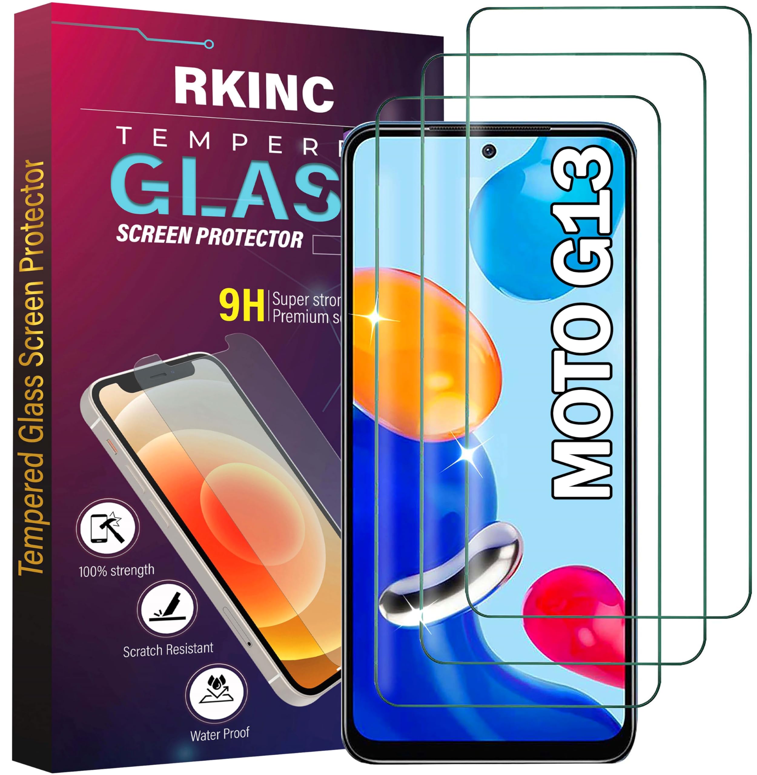 RKINC Screen Protector [3-Pack] for Motorola Moto G13, Tempered Glass Film Screen Protector, 0.33mm [LifetimeWarranty][Anti-Scratch][Anti-Shatter][Bubble-Free]