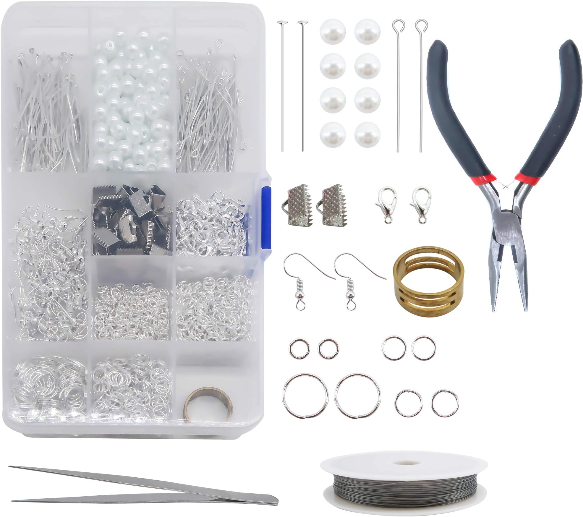 TOAOB 1940pcs Jewelry Making Kit includes Glass Pearl Bead Silver tone findings and Repair Tools