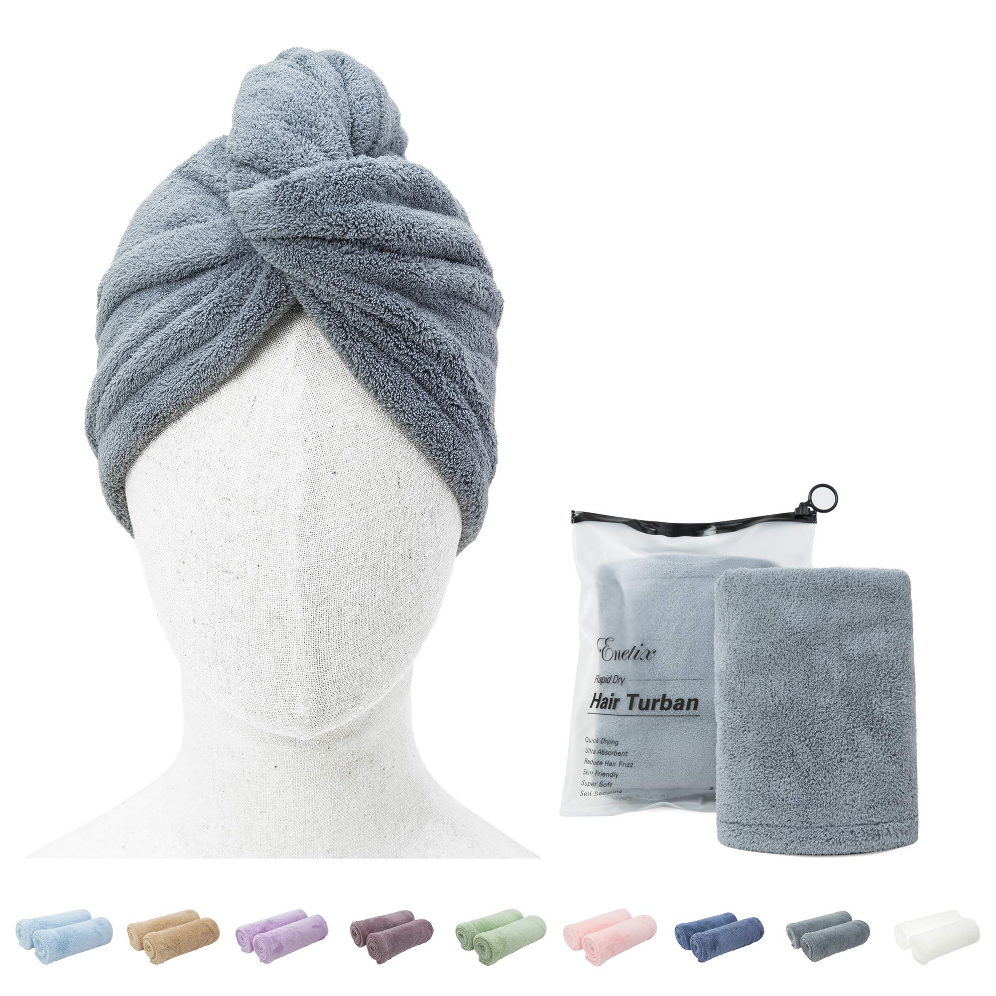 ENETIX 2 Pack Microfiber Hair Drying Towel Wrap for Women, 25 × 70cm Super Absorbent Anti-Frizz Hair Turban, Rapid Dry Hair Towels with Button, Gray