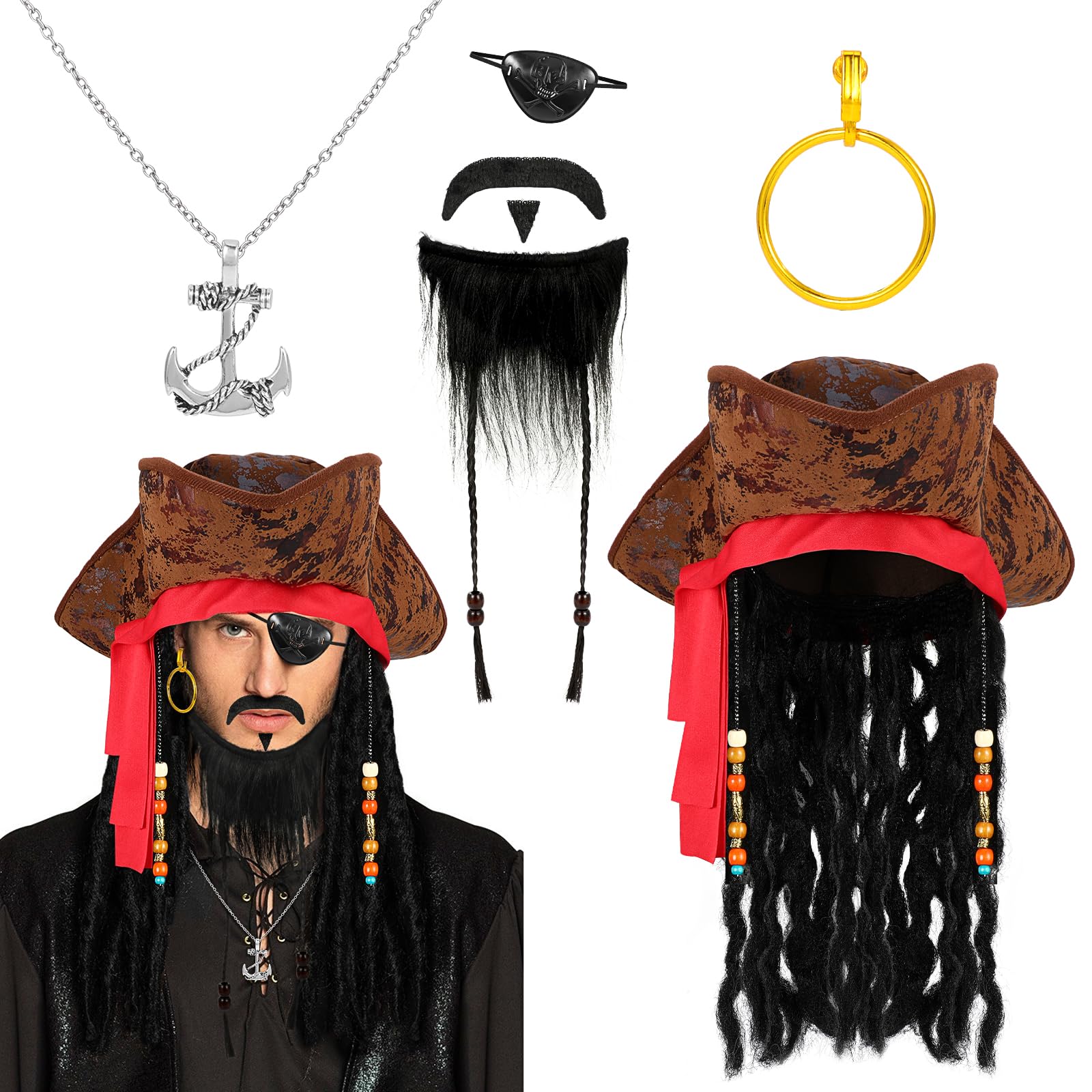 Hifot 5 Pcs Pirate Accessories Set Pirates Hat Eye Patches Necklace Earings Fake Mustache Captain Hat with Dreadlock Wig Pirate Costume Accessories for Adult