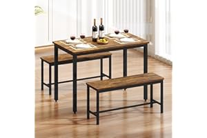 Rovibek 43" Dining Table Set for 4, Modern Space Saving Kitchen Breakfast Table with Benches & Adjustable Feet, Wooden Industrial Style Farmhouse, Wood Tone