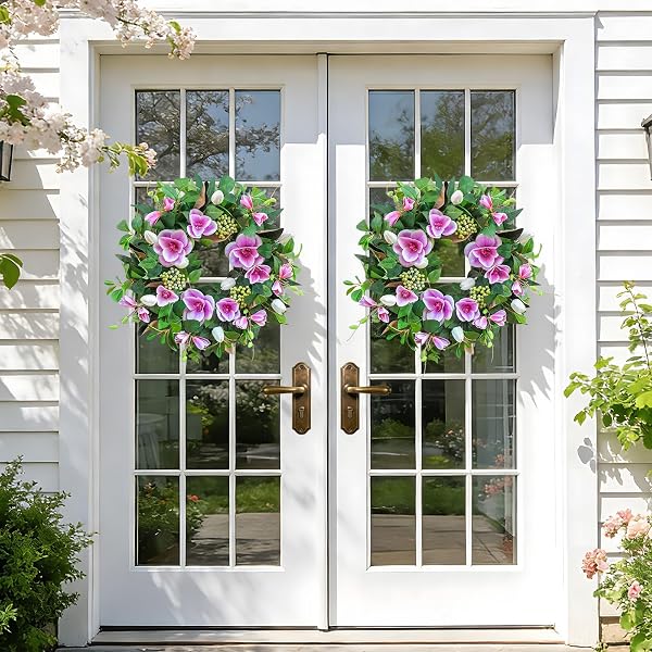 SPRING WREATHS FOR FRONT DOOR OUTSIDE– 24 INCH SPRING DOOR WREATH WITH PINK MAGNOLIA AND ANEMONE FLORAL WREATH WITH GREENERY,COLORFUL WELCOME SUMMER WREATHS FOR FRONT DOOR (GREEN)