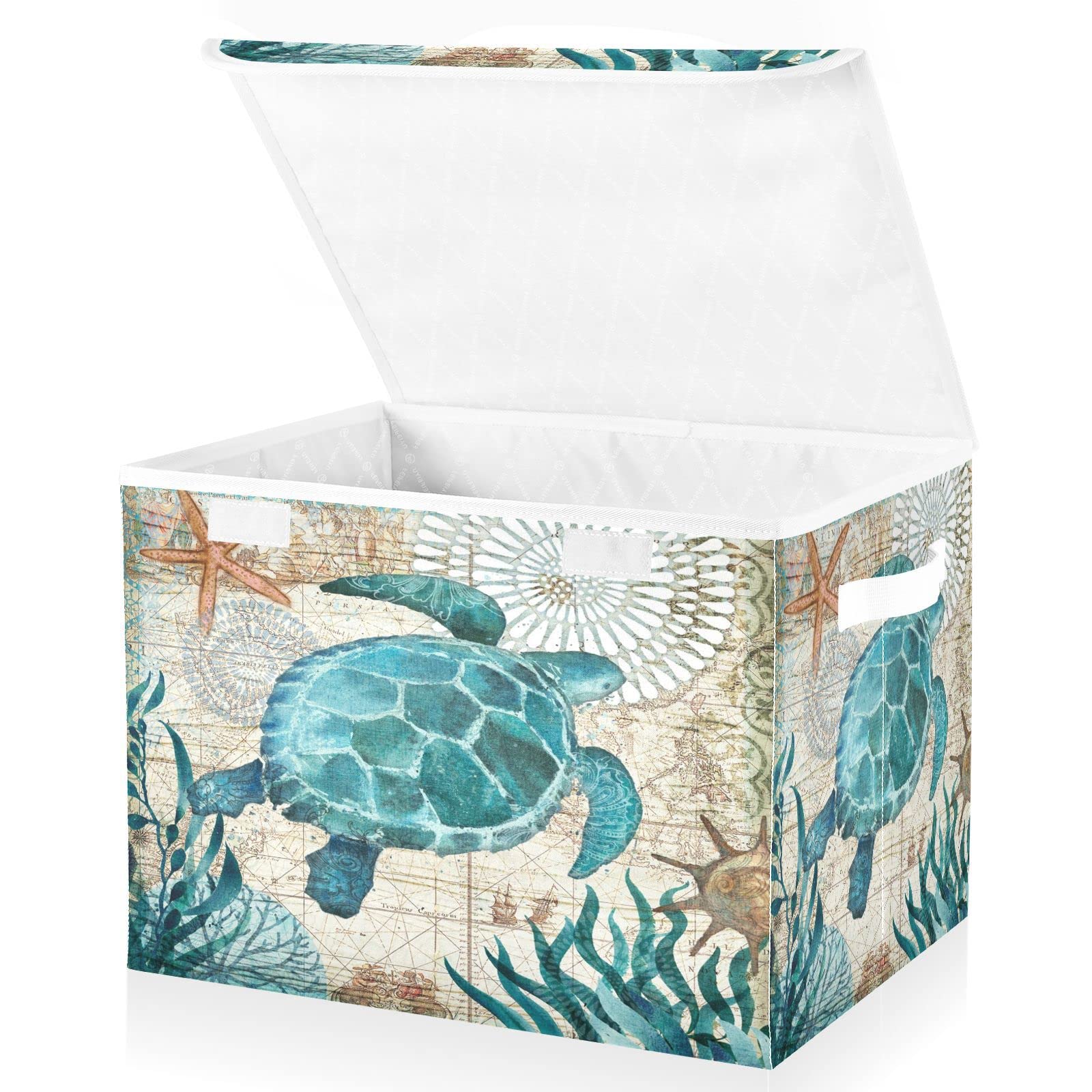 Mnsruu Storage Boxes with Lids, Sea Lives Turtle Coral Large Storage Basket Organizer Shelves Cube Bin Toy Clothes Underbed