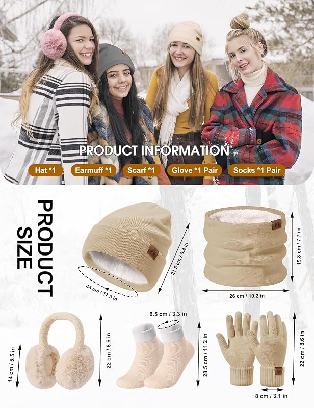 Gorro Bufanda y Guantes Set 5PCS Mujer Invierno Gorro Conjunto Sombreros Bufandas Cálida Caliente Pantalla táctil Guantes Orejeras de Felpa Calcetines Térmicos 5 Piezas Set (Caqui, One Size)