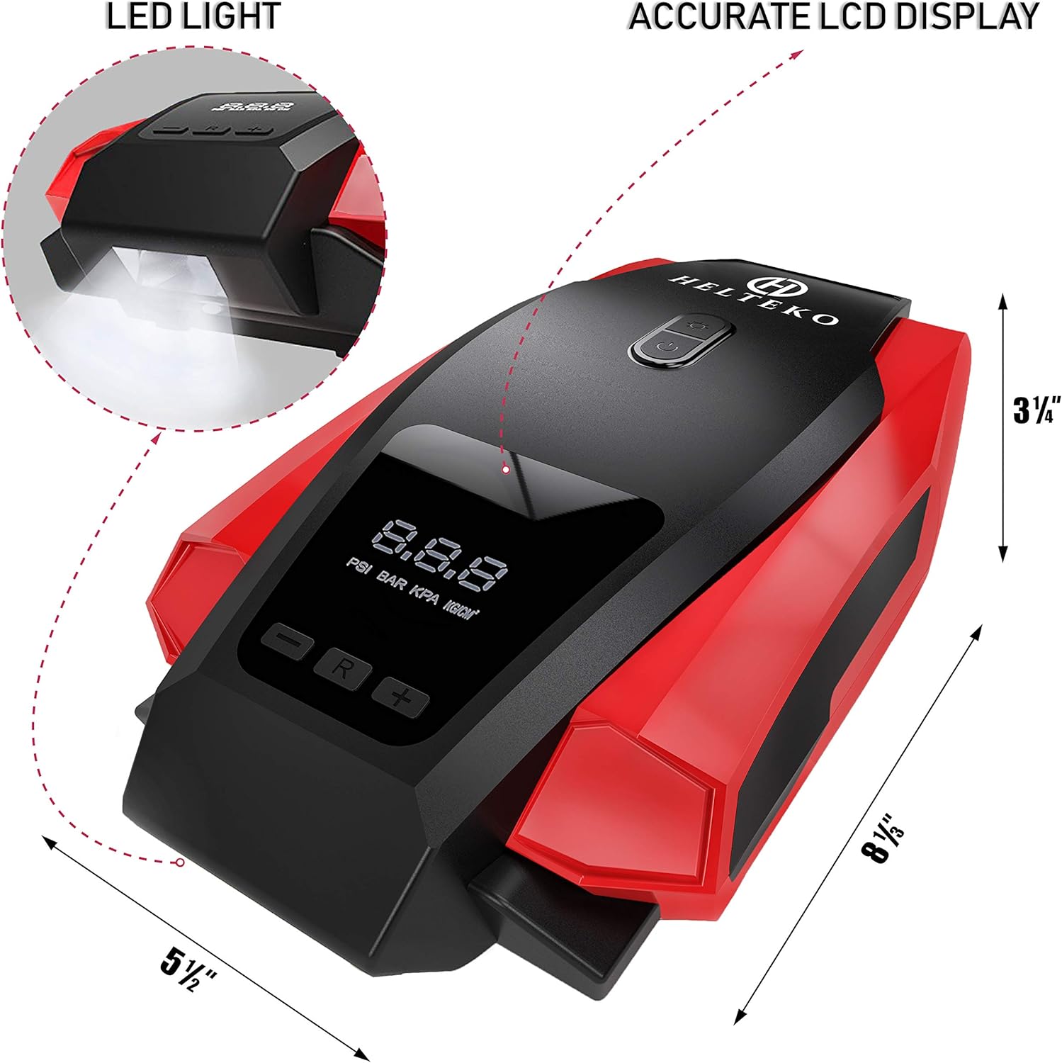 Helteko Portable Air Compressor Pump 12V DC - Digital Tire Inflator - Auto Tire Pump with Emergency Led Lighting and Long Cable for Car - Bicycle - Motorcycle - Basketball and Other: Automotive