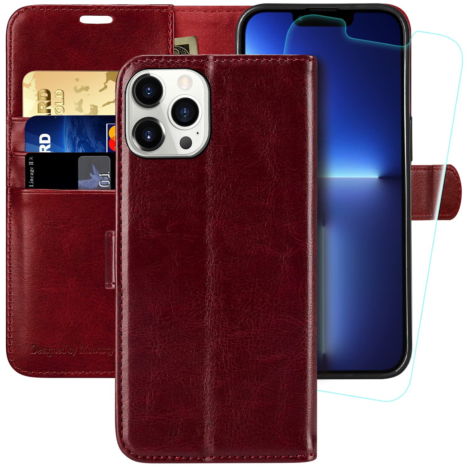 MONASAY Wallet Case for iPhone 13 Pro Max 5G,6.7-inch[Glass Screen Protector Included] [RFID Blocking] Flip Folio Leather Cell Phone Cover with Credit Card Holder,Burgundy
