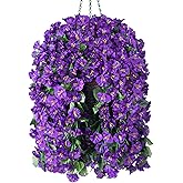 MJFloria Artificial Fake Flowers Plants Hanging Baskets Outdoor Outside Spring Decor, Faux Silk Purple UV Resistant Look Real Morning Glory Home Patio Porch Balcony Decoration