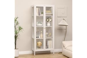 SteeLoong Display Cabinet with Glass Doors，66” White Glass Storage Cabinets with Adjustable Shelves，Metal Curio Cabinet for Collectibles，Livingroom