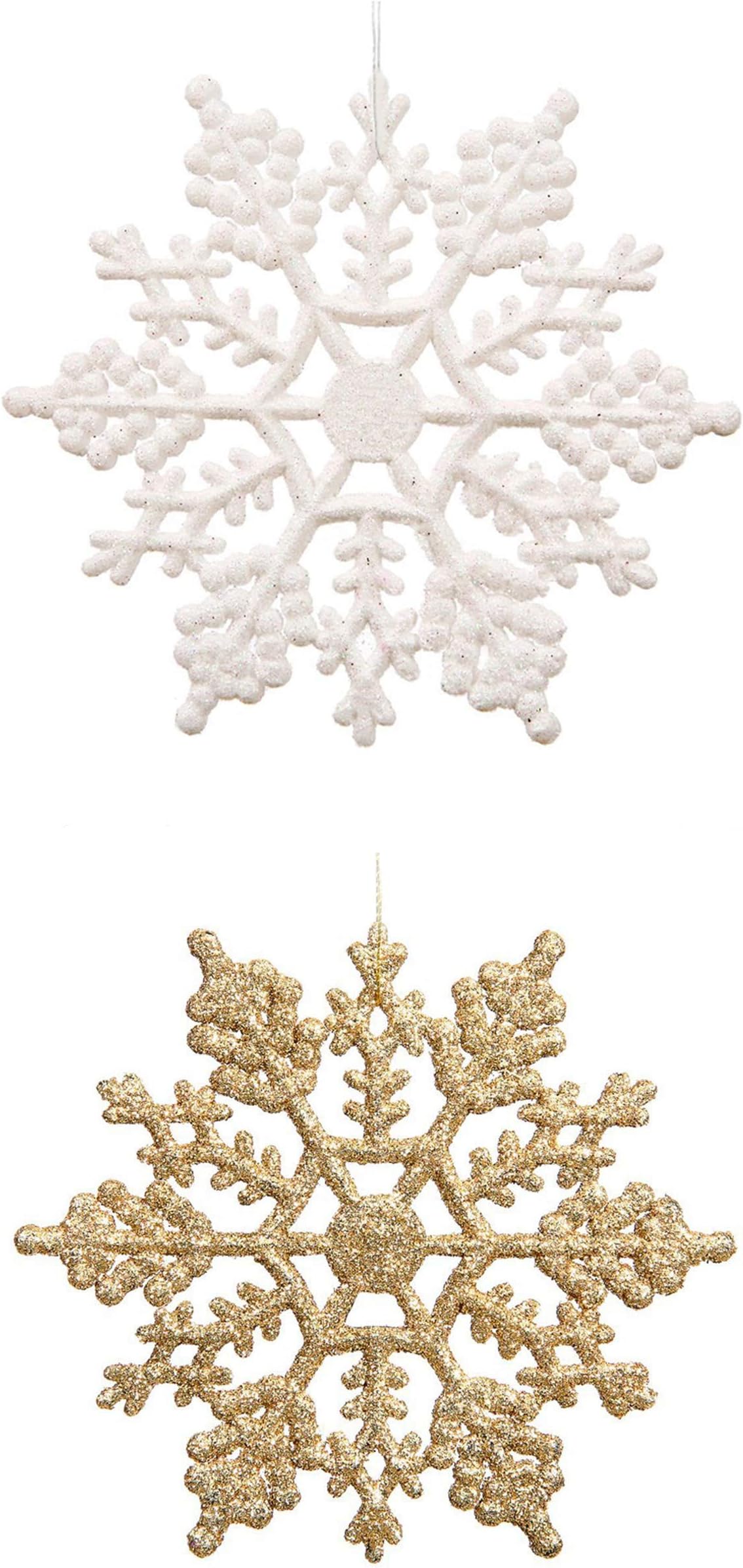 Plastic Glitter Snowflake - Pack of 48 Multiple Color Snowflakes - 4” Hanging Sparkling Christmas Snowflakes - Snowflake Decorations Christmas Ornaments (White/ Gold)