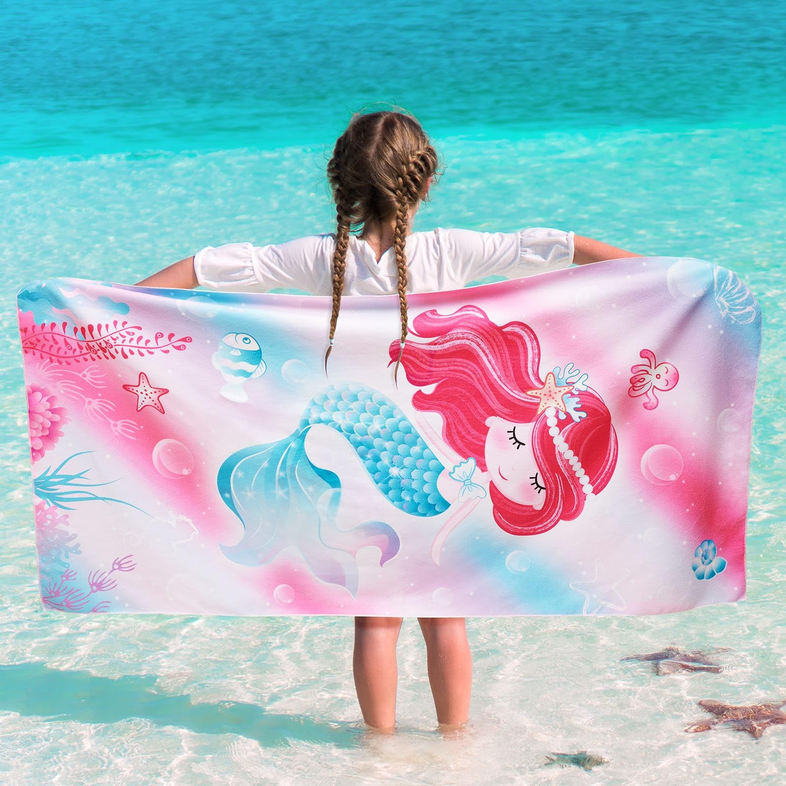WERNNSAI Mermaid Kids Beach Towel - 76 x 150cm Mermaid Sand Free Towels for Girls Quick Dry Swim Towel Beach Blanket Ultra Absorbent Light Beach Towels Travel Towel