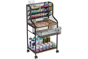 JAKYITVI Rolling Utility Cart with Drawer, Metal and Wood Craft Storage Cart with 6 Tiers & 18 Holes, Small Art Carts with Lockable Wheels, Store Brushes & Paints & Artifacts, for Drawing Room, Office