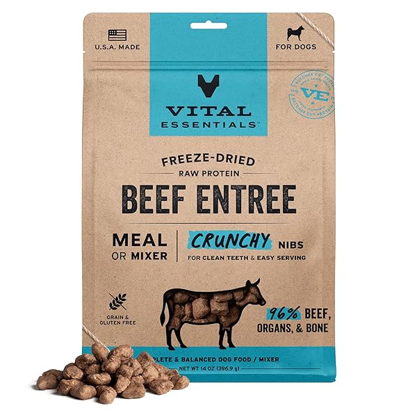 VITAL ESSENTIALS FREEZE DRIED DOG FOOD, RAW BEEF CRUNCHY NIBS | COMPLETE MEAL OR TOPPER | 96% BEEF, ORGANS & BONE | LIMITED INGREDIENT, HIGH PROTEIN, GRAIN FREE DRY DOG FOOD | 14 OZ BAG