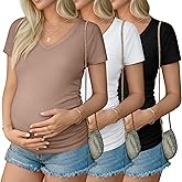 Ficerd 3 Pack Maternity Shirts for Women Cotton Blend Maternity Tops V Neck Side Ruched Pregnancy Short Sleeve Tunic Tees