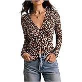 SweatyRocks Women's Floral Print Button Front Long Sleeve T Shirts Vintage V Neck Fitted Going Out Tees