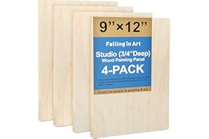 Falling in Art Unfinished Birch Wood Canvas Panels Kit, 4 Pack of 9x12’’ Studio 3/4’’ Deep Cradle Boards for Pouring Art, Crafts, Painting and More