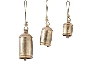 Deco 79 Gold Metal Tibetan Inspired Decorative Giant XL Cow Bells with Jute Hanging Rope, Set of 3 10",8",6"H - Cylindrical