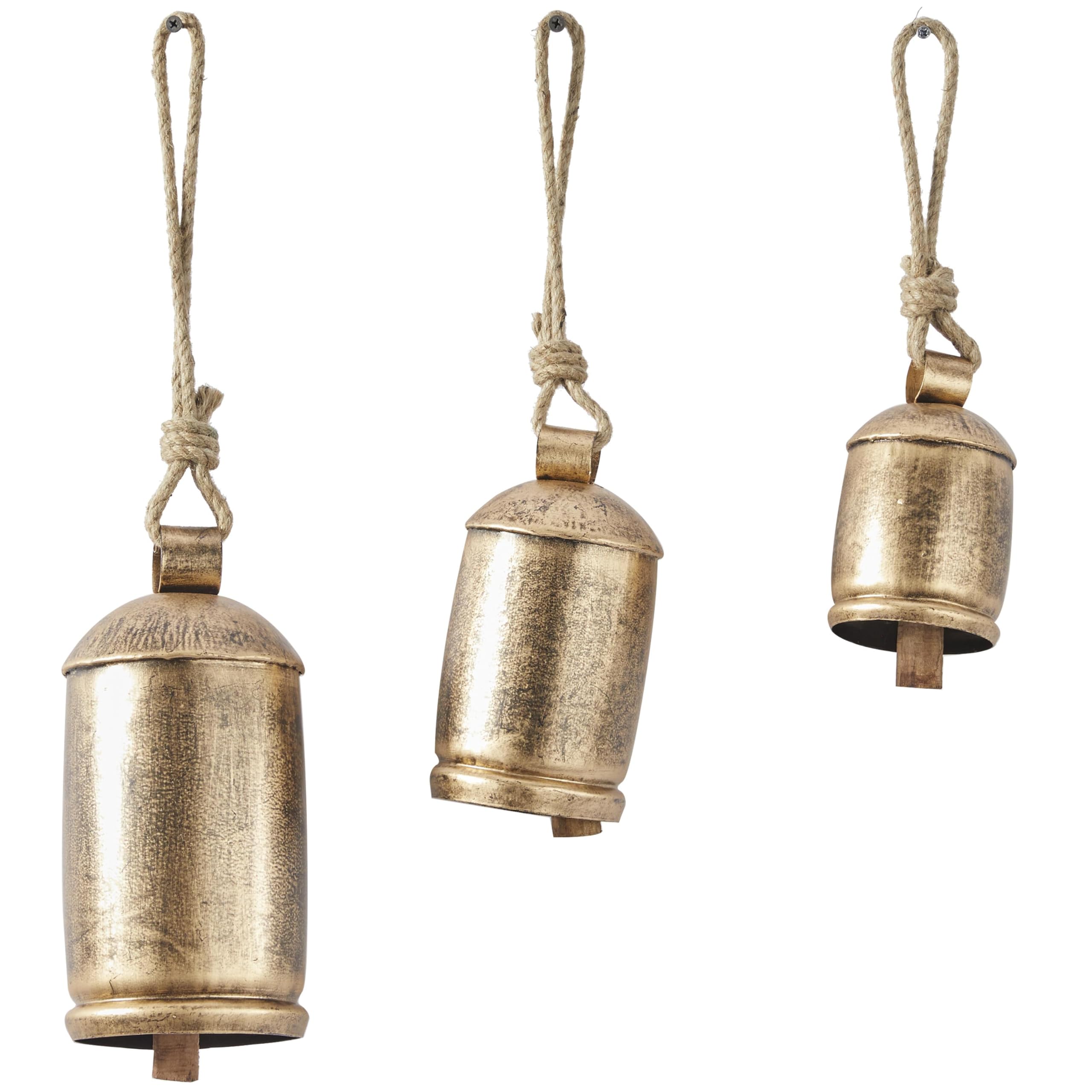 Deco 79 Metal Tibetan Inspired Decorative Cow Bells with Jute Hanging Rope, Set of 3 10 Inch,8 Inch,6 InchH, Gold