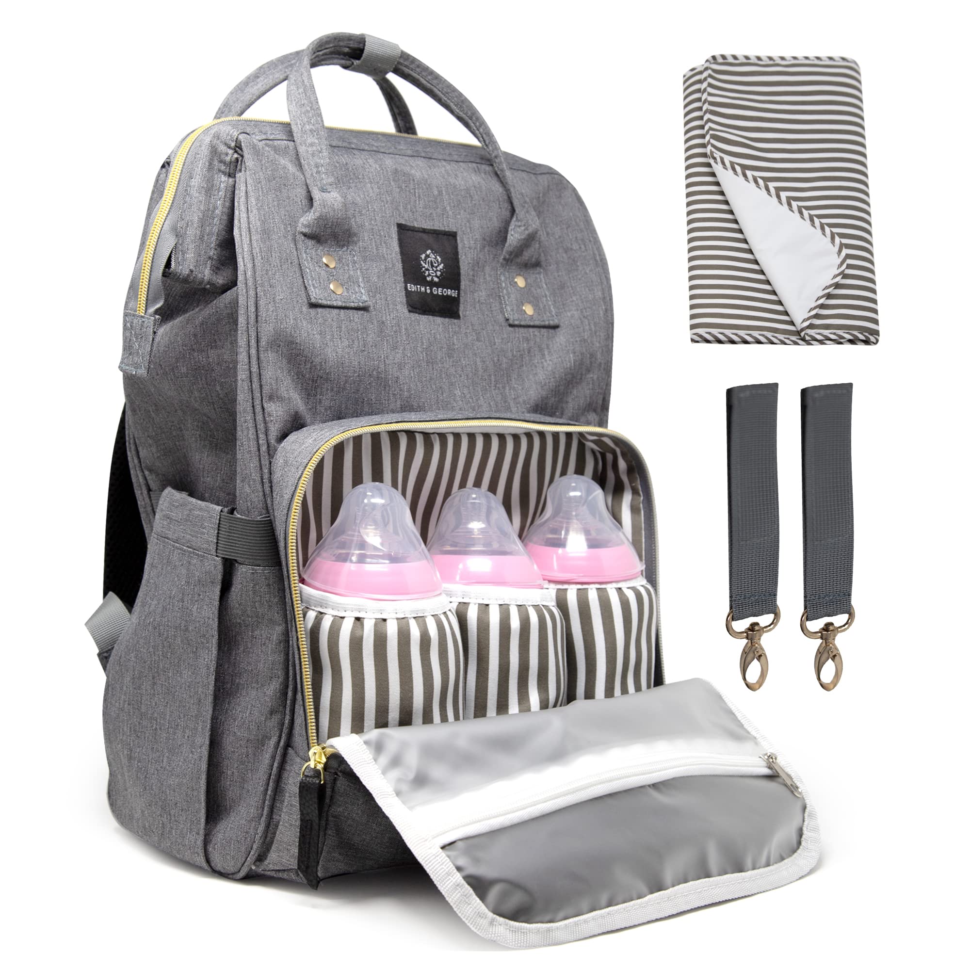 Edith & George Baby Changing Bag Rucksack or Maternity Bag, Large-Capacity Nappy Changing Bag w/Insulated Bottles Holder, Internal Key Clip and Buggy Clips, Unisex Grey Backpack for Mums or Dads