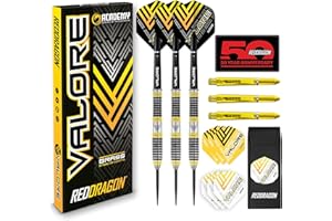 RED DRAGON Valore 22g Brass Steel Tip Darts Set with Dart Flights and Dart Shafts (Stems) Including Darts Wallet