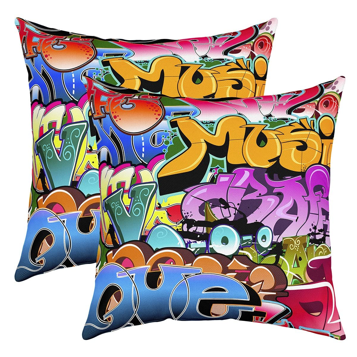Loussiesd Hippie Graffiti Style Throw Pillow Covers 16"x16" Set of 2 Hip Hop Decor Cushion Covers for for Sofa Graffiti Graphic Street Culture Grunge Art Decorative Pillowcases Outdoor Pillows Covers