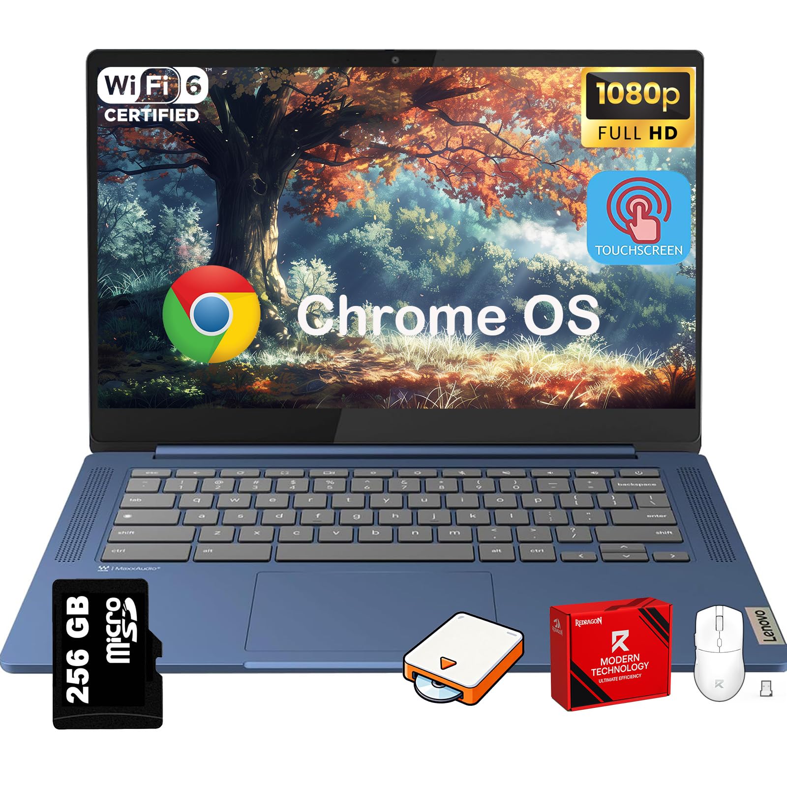 Lenovo IdeaPad Slim 3 Chromebook Laptop para estudiantes - Pantalla táctil FHD de 14'', MediaTek Kompanio 520 de 8 núcleos, liviano, 4 GB de RAM, 64 GB eMMC y tarjeta Micro SD de 256 GB, Wi-Fi 6, Chome OS, con accesorios