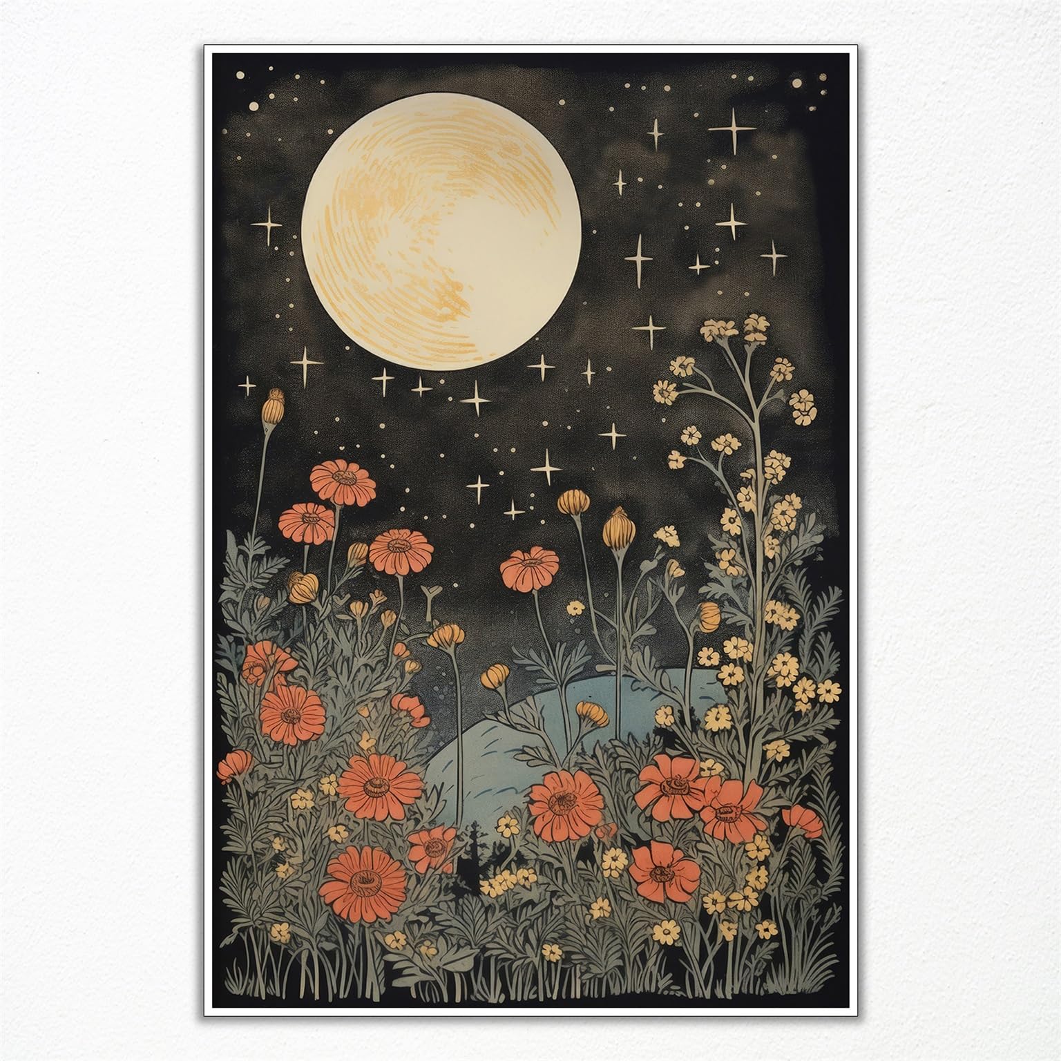 Vintage Moon Flowers Canvas Wall Art, Retro Mystical Celestial Moon Poster, Rustic Orange Yellow Wildflower Field Print, Cottagecore Ethereal Moonlight Botanical Floral Wall Decor 12x16in Unframed