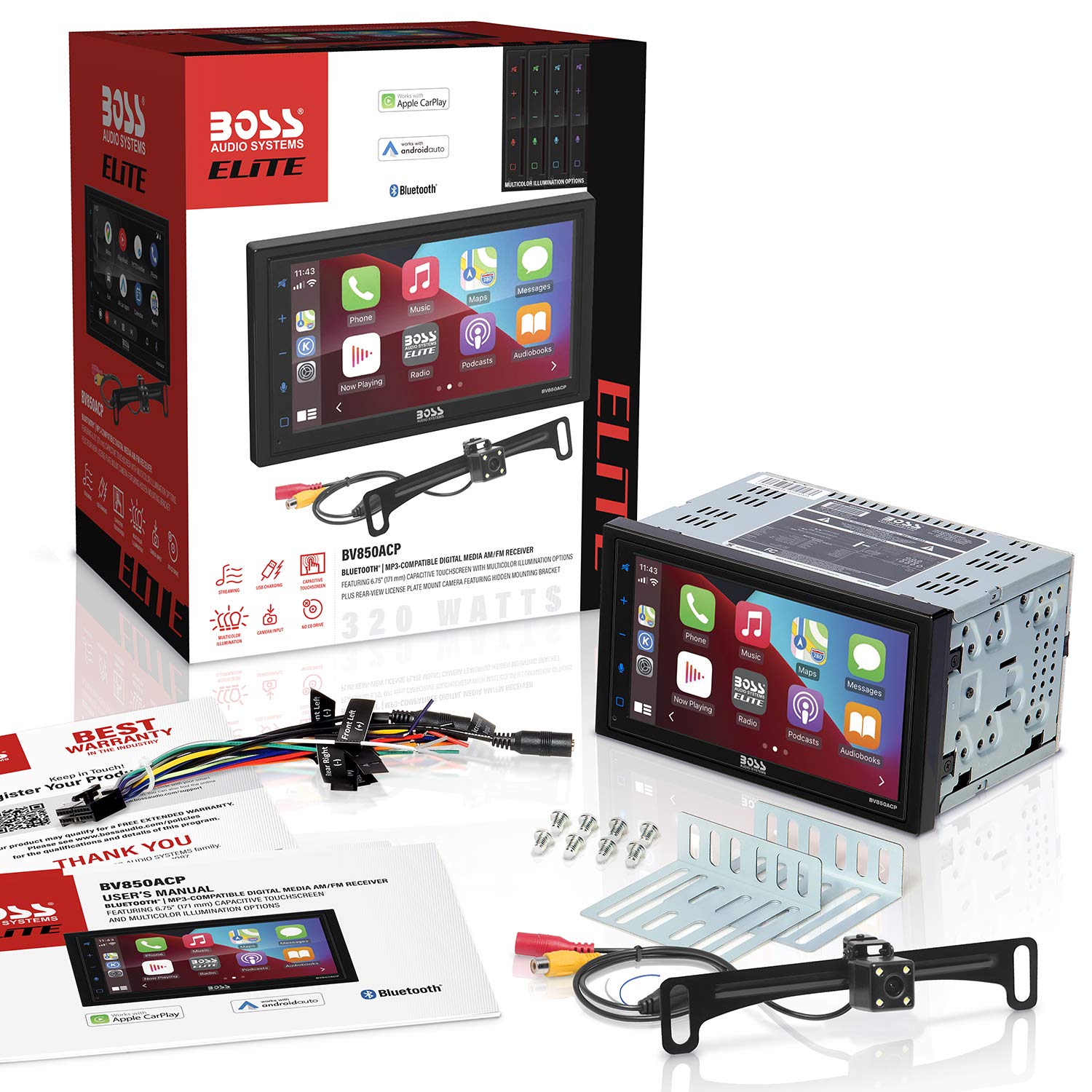 BOSS Audio Systems Elite BV850ACP Car Multimedia Player with Apple CarPlay-Android Auto - Double Din, 6.75 Inch LCD Capacitive Touchscreen, Bluetooth, USB, AM/FM, No CD/DVD, Rear Camera Included