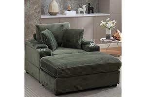 ODUWA Oversized Corduroy Chaise Lounge Chair Indoor with Storage and Ottoman, Sleeper Chairs with Cup Holder, Deep Seat Upholstered Sofa Bed,Chair for Living Room, Bedroom, Office Green